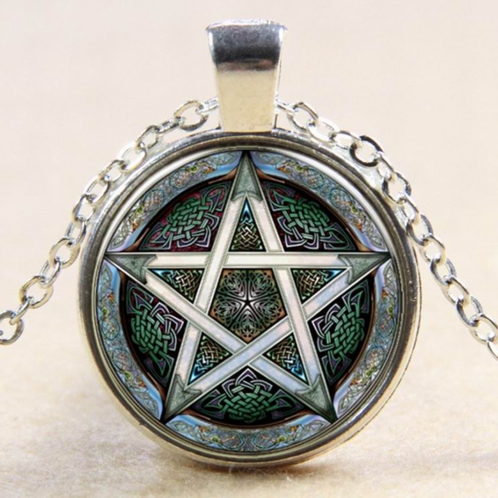 Ornate Pentagram Glass Dome  18" Necklace